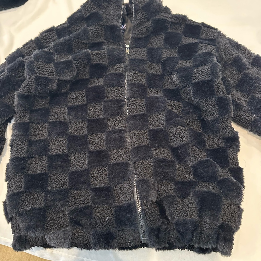 Checkered Fuzzy Zip-Up Jacket